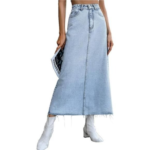 Dresses & Skirts - Women's Trendy Long Denim Blue Jeans Skirt High Waisted Stretchy A-Line Raw Hem